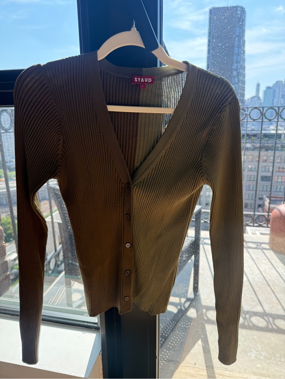 STAUD Olive Ribbed V-Neck Cardigan